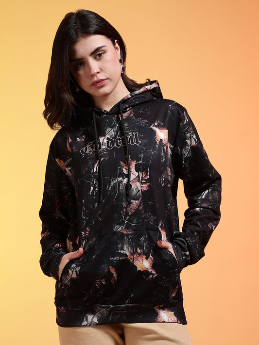 Go Devil Printed Black Womens Leaf Print Hoodie