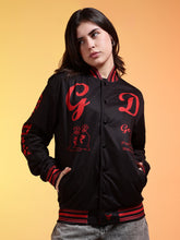 Go Devil Womens Black Bomber Varsity Jacket with Red Graphic Print