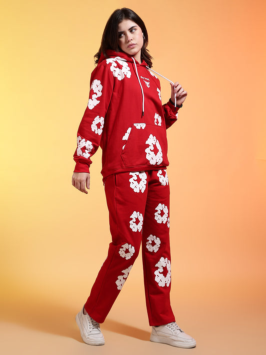 Go Devil White Floral Printed Red Womens Hooded Co-ord Set