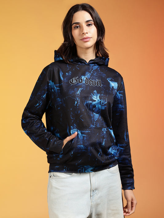 Go Devil Women’s Black & Blue Abstract Printed Winter Hoodie
