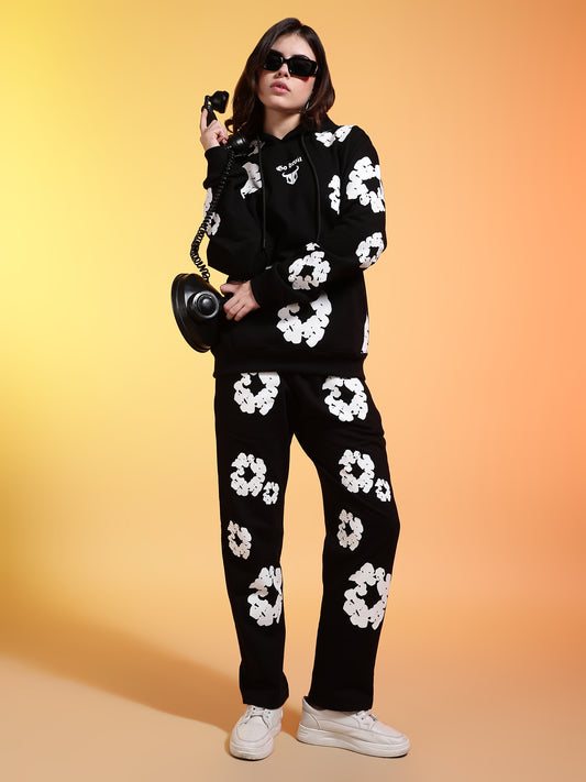 Go Devil White Floral Printed Black Womens Hooded Co-ord Set