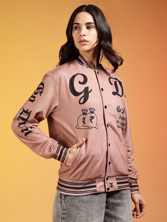 Go Devil Women’s Graphic Printed Varsity Bomber Jacket