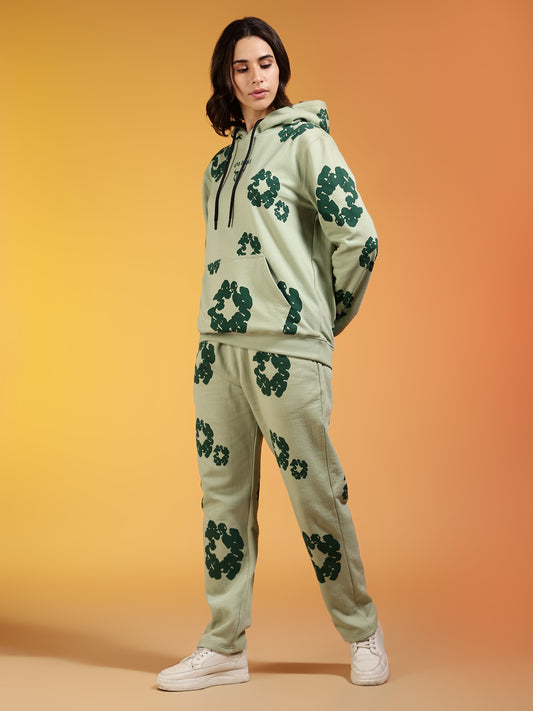 Go Devil Green Floral Printed Women’s Hooded Co-ord Set