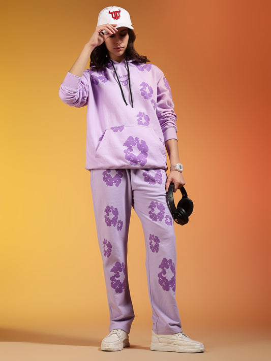 Go Devil Purple Floral Printed Women’s Hooded Co-ord Set