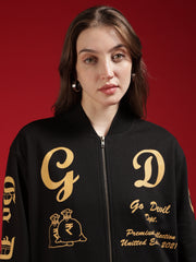 Go Devil Womens Black Bomber Varsity Jacket with Beige Graphic Print