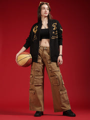 Go Devil Womens Black Bomber Varsity Jacket with Beige Graphic Print