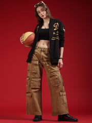 Go Devil Womens Black Bomber Varsity Jacket with Beige Graphic Print