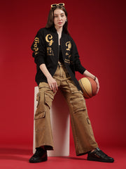 Go Devil Womens Black Bomber Varsity Jacket with Beige Graphic Print