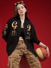 Go Devil Womens Black Bomber Varsity Jacket with Beige Graphic Print