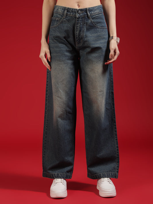 Go Devil Women High Waist Washed Dark Blue Baggy Denim Jeans