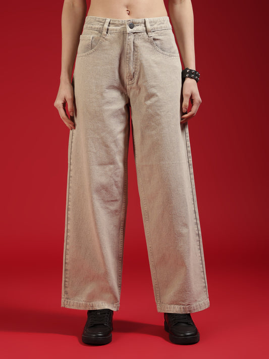 Go Devil Women Beige Wide Leg Jeans