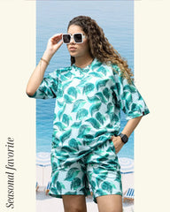 Go Devil Teal Green Leaf Print Polyester White Co-ord Set for Women's