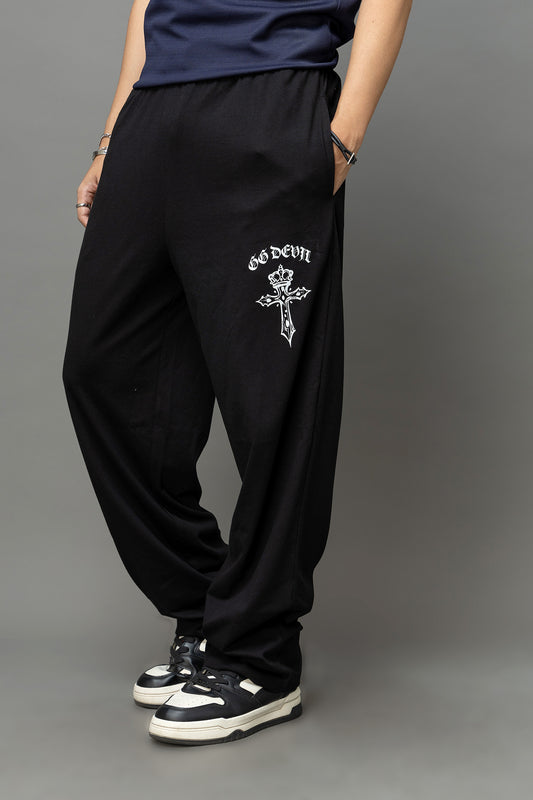 Go Devil Gothic Cross Print Black Streetwear Joggers For Men