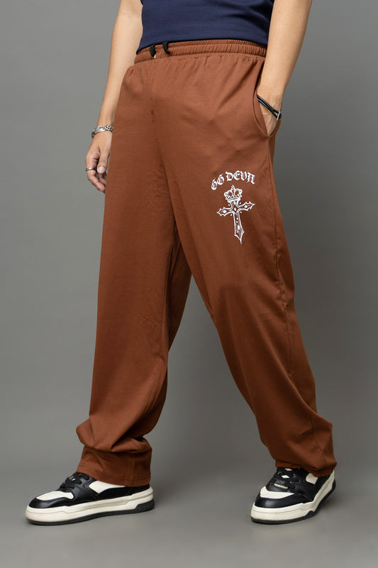Go Devil Gothic Cross Print Brown Streetwear Joggers For Men