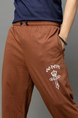 Go Devil Gothic Cross Print Brown Streetwear Joggers For Men