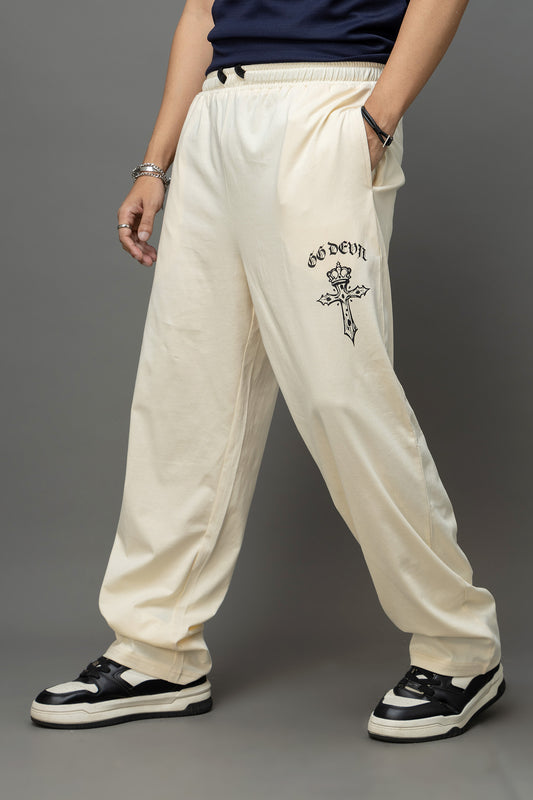 Go Devil Gothic Cross Print Cream Streetwear Joggers For Men