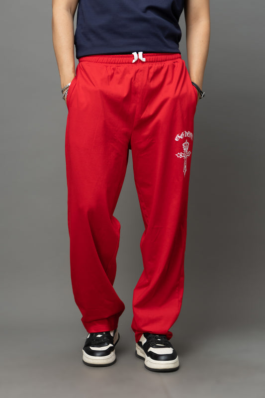 Go Devil Gothic Cross Print Red Streetwear Joggers For Men