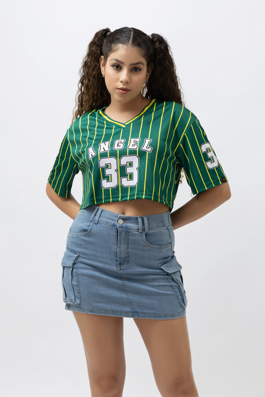 Go Devil 33 Angel Green & Yellow Pinstripe Crop Jersey For Women