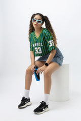 Go Devil 33 Angel Green & Yellow Pinstripe Crop Jersey For Women