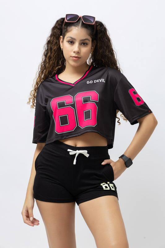 Go Devil 66 Black & Hot Pink Varsity Crop Jersey For Women