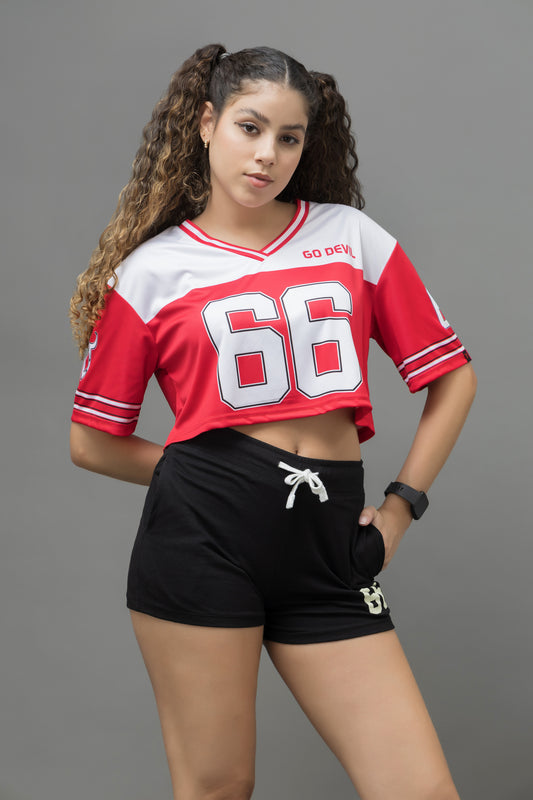 Go Devil 66 Red Printed Varsity Crop Jersey For Women