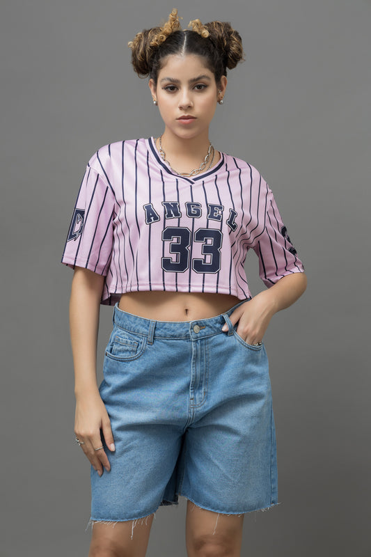 Go Devil 33 Angel Pink & Black Pinstripe Crop Jersey For Women