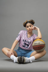 Go Devil 33 Angel Pink & Black Pinstripe Crop Jersey For Women