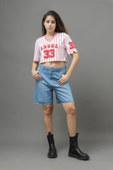 Go Devil 33 Angel Red & White Pinstripe Crop Jersey For Women