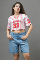 Go Devil 33 Angel Red & White Pinstripe Crop Jersey For Women