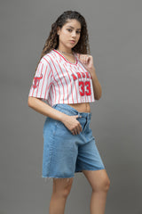 Go Devil 33 Angel Red & White Pinstripe Crop Jersey For Women