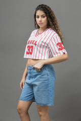 Go Devil 33 Angel Red & White Pinstripe Crop Jersey For Women