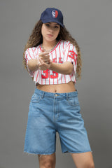 Go Devil 33 Angel Red & White Pinstripe Crop Jersey For Women