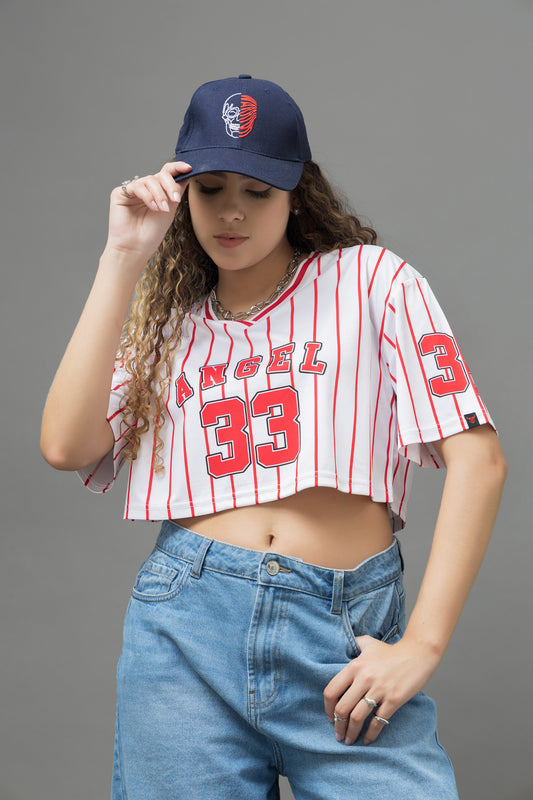 Go Devil 33 Angel Red & White Pinstripe Crop Jersey For Women