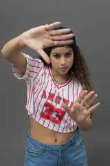 Go Devil 33 Angel Red & White Pinstripe Crop Jersey For Women