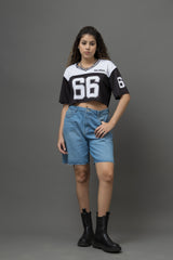 Go Devil 66 Printed Black & White Varsity Crop Jersey For Women