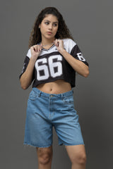Go Devil 66 Printed Black & White Varsity Crop Jersey For Women