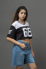 Go Devil 66 Printed Black & White Varsity Crop Jersey For Women