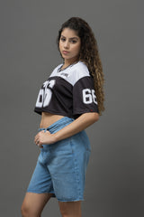 Go Devil 66 Printed Black & White Varsity Crop Jersey For Women