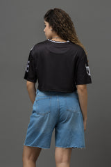 Go Devil 66 Printed Black & White Varsity Crop Jersey For Women