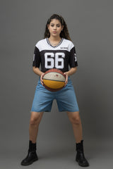 Go Devil 66 Printed Black & White Varsity Crop Jersey For Women