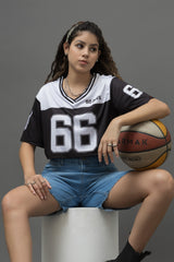 Go Devil 66 Printed Black & White Varsity Crop Jersey For Women