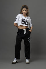 Go Devil 66 Printed White & Black Varsity Crop Jersey For Women