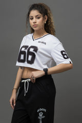Go Devil 66 Printed White & Black Varsity Crop Jersey For Women