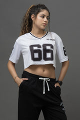 Go Devil 66 Printed White & Black Varsity Crop Jersey For Women