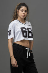 Go Devil 66 Printed White & Black Varsity Crop Jersey For Women