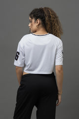Go Devil 66 Printed White & Black Varsity Crop Jersey For Women