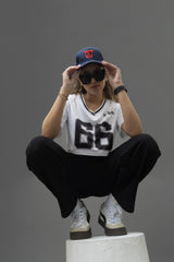 Go Devil 66 Printed White & Black Varsity Crop Jersey For Women