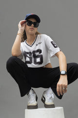 Go Devil 66 Printed White & Black Varsity Crop Jersey For Women