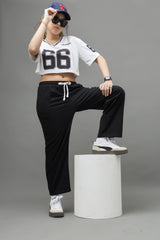 Go Devil 66 Printed White & Black Varsity Crop Jersey For Women