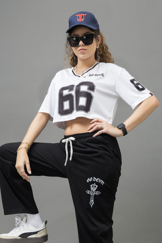 Go Devil 66 Printed White & Black Varsity Crop Jersey For Women